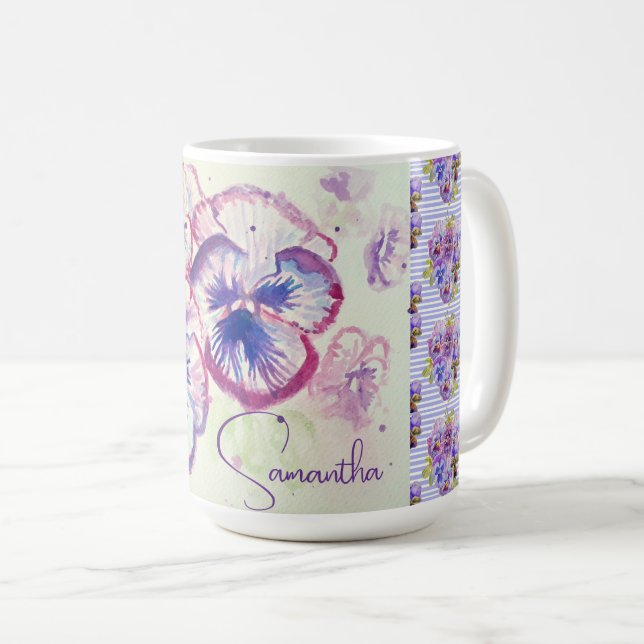 Mug Pensée Pensées Fleur Aquarelle Violet Floral Rose (Devant droit)