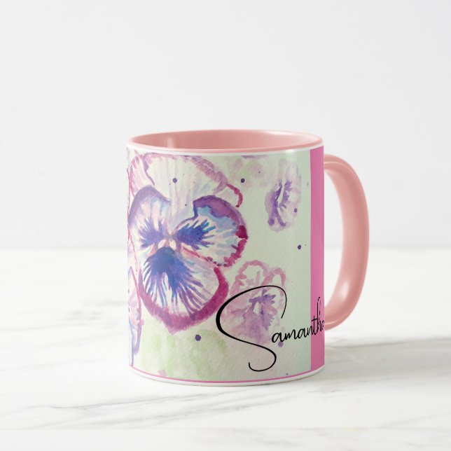 Mug Pensée Pensées Fleur Aquarelle Violette Florale Ro (Devant droit)