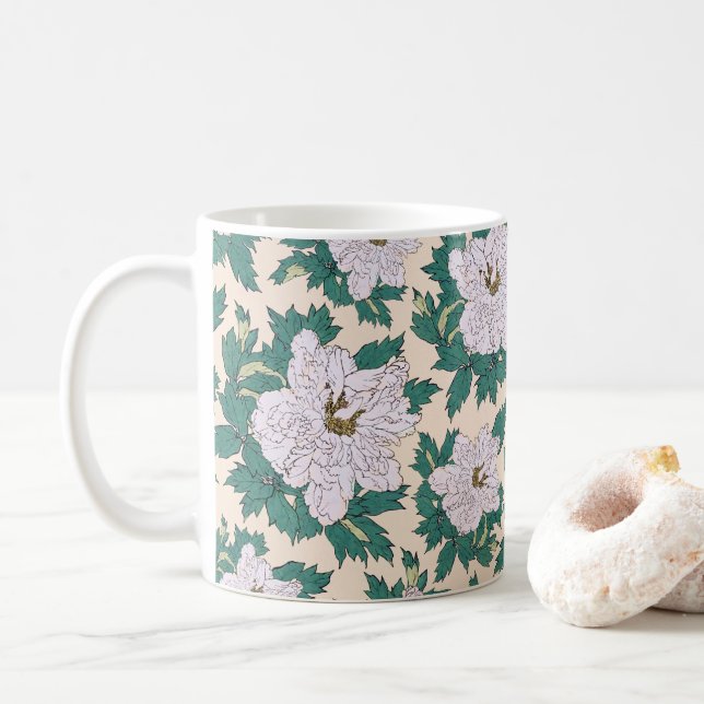 Mug Peonies blanches et Feuilles verts (Avec donut)