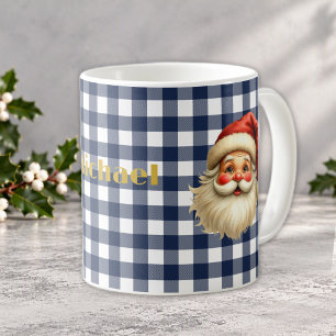 Mug Père Noël à carreaux Buffalo Navy & Blanc et Nom e