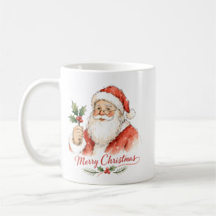Mug Père Noël à l'aquarelle avec houx