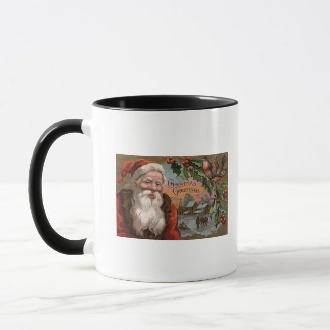 Mug Père Noël avec Holly, scène de village (Gauche)