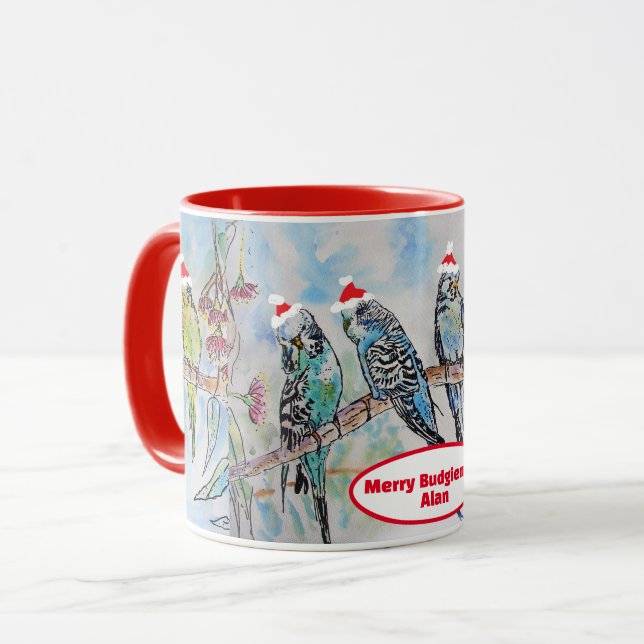 Mug Père Noël Budgie Noël aquarelle peinture oiseau (Devant gauche)