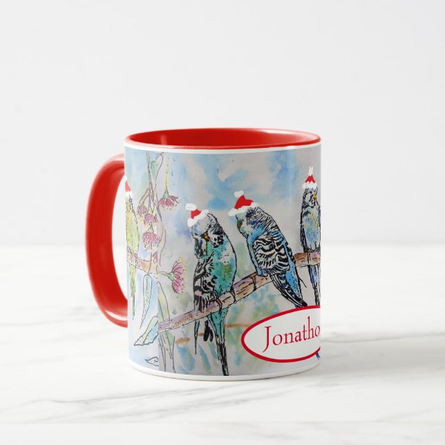 Mug père Noël Budgie Noël aquarelle peinture oiseau (Devant gauche)