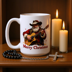 Mug Père Noël Cowboy Jouant de la Guitare