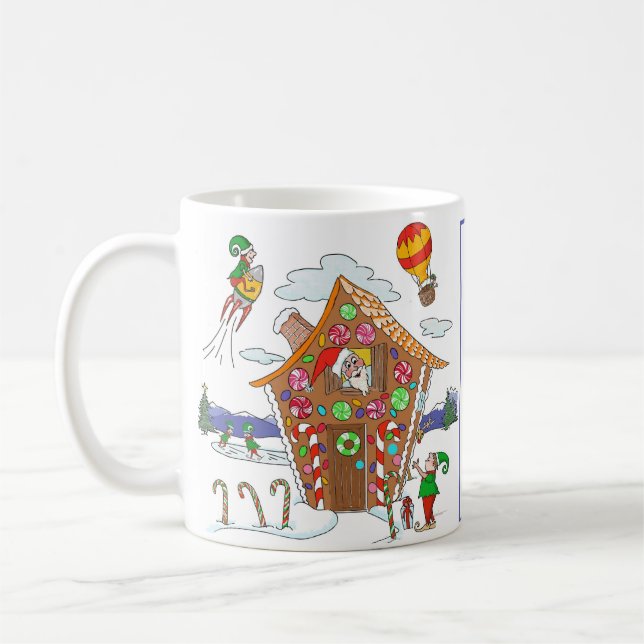 Mug Père Noël dans Maison en pain d'épices avec elfes  (Gauche)