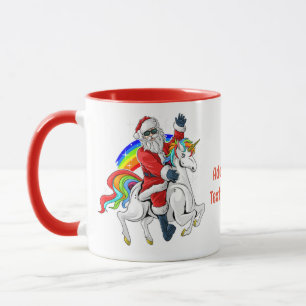 Mug Père Noël de Noël chevauchant une licorne arc-en-c
