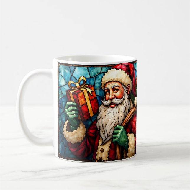 Mug Père Noël de style vitrail avec cadeau (Gauche)