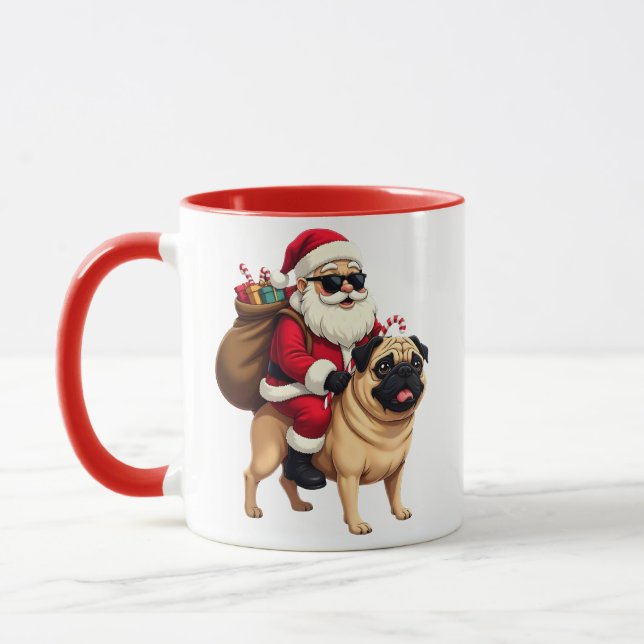 Mug Père Noël drôle à cheval sur un Pug à Noël (Gauche)