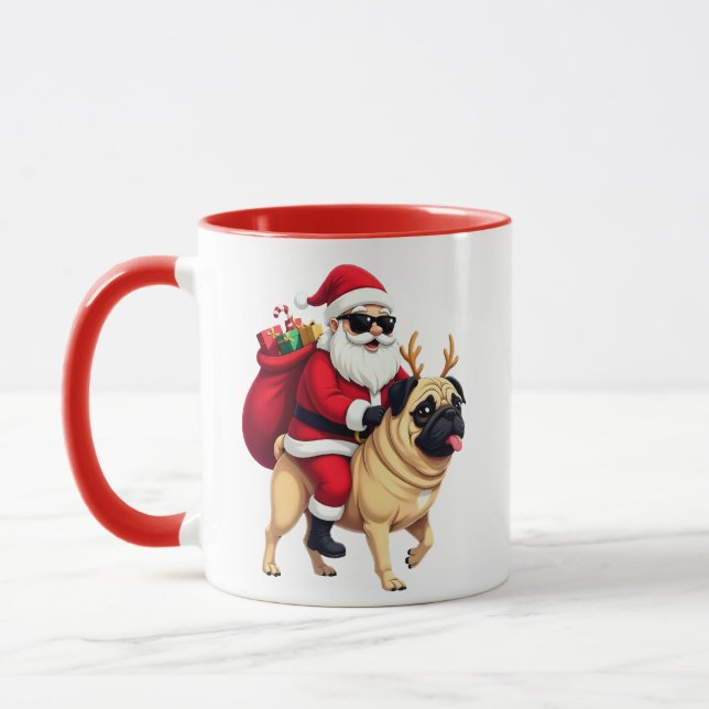 Mug Père Noël drôle à cheval sur un Pug à Noël (Gauche)