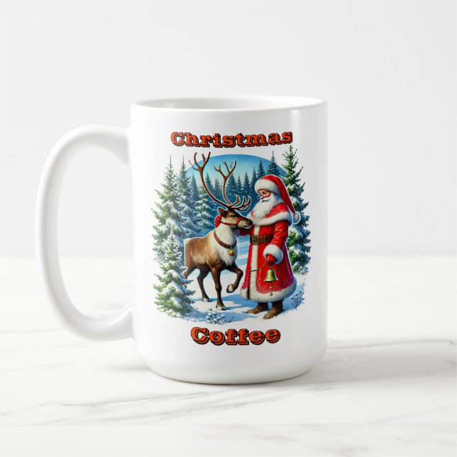 Mug Père Noël et renne dans une forêt enneigée (Gauche)