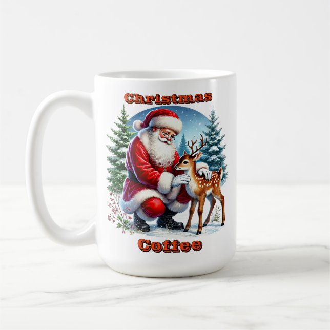 Mug Père Noël et un jeune renne en hiver (Gauche)