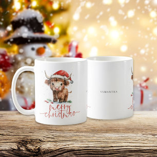 Mug Père Noël Highland Cow Nom du script Joyeux Noël