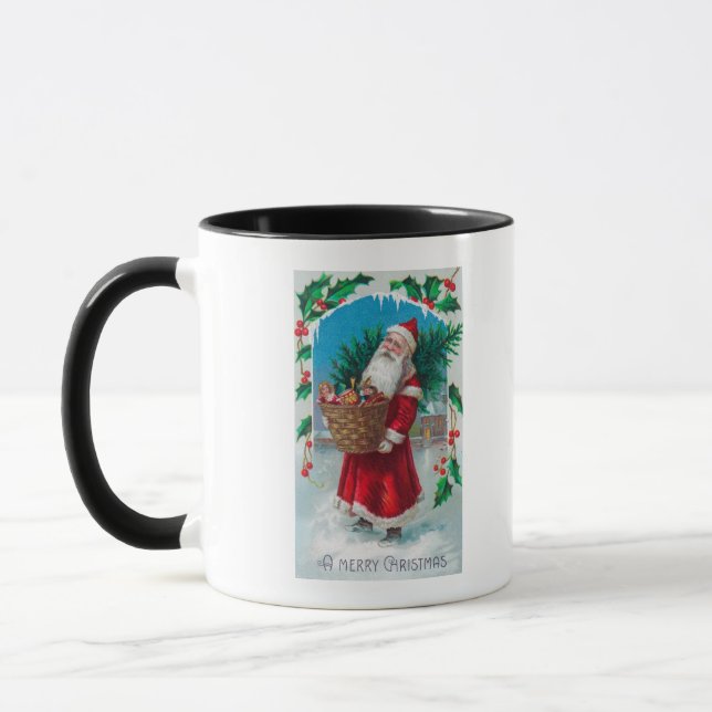 Mug Père Noël Holding Panier de jouets Scène (Gauche)
