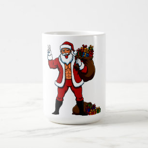 Mug Père Noël musclé Signe de paix ! Abs déchirés et N