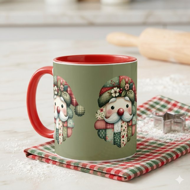 Mug Père Noël Patchwork Fantaisiste Noël Folk (Whimsical Patchwork Santa Folk Christmas Mug)