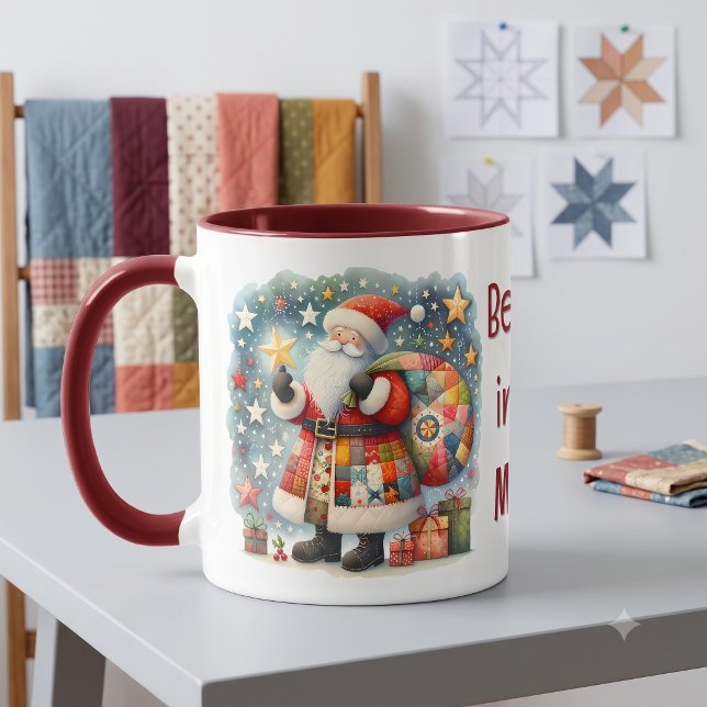 Mug Père Noël patchwork matelassé avec étoiles de Noël (Quilted Patchwork Santa with Christmas Stars Mug)