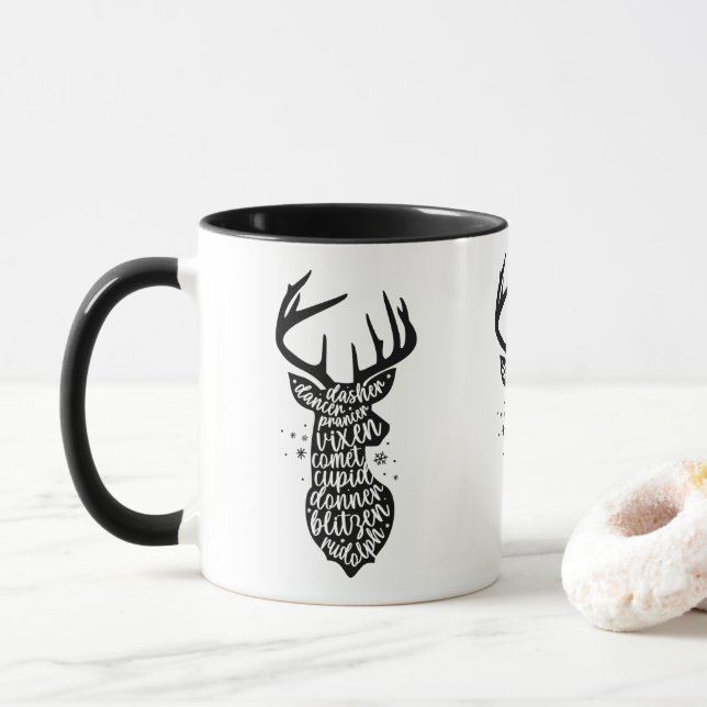 Mug Père Noël rennes de Noël, noir et blanc (Avec donut)