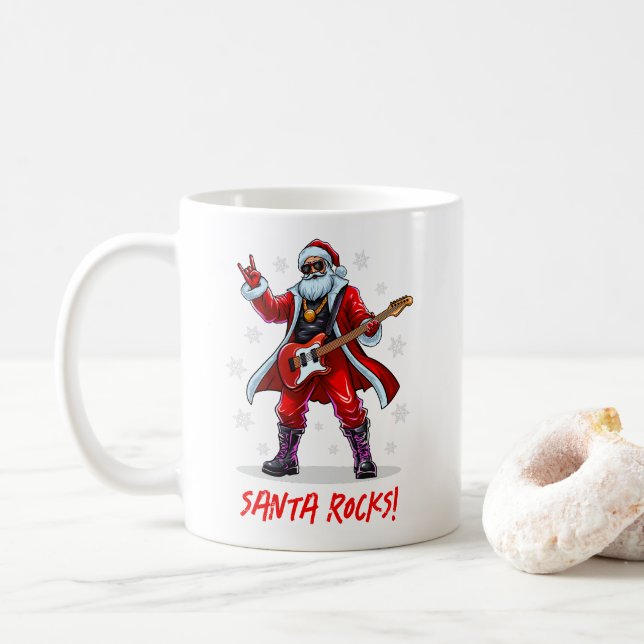 Mug Père Noël Rocks ! Funny Père Noël jouant de la gui (Avec donut)