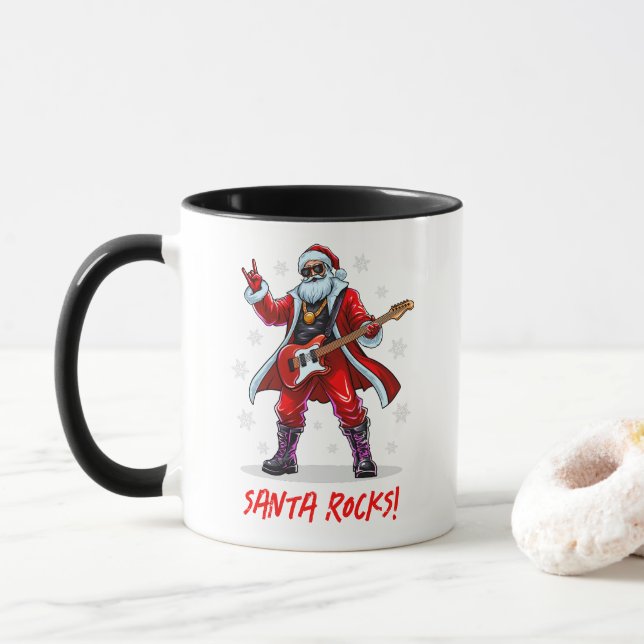 Mug Père Noël Rocks ! Funny Père Noël jouant de la gui (Avec donut)