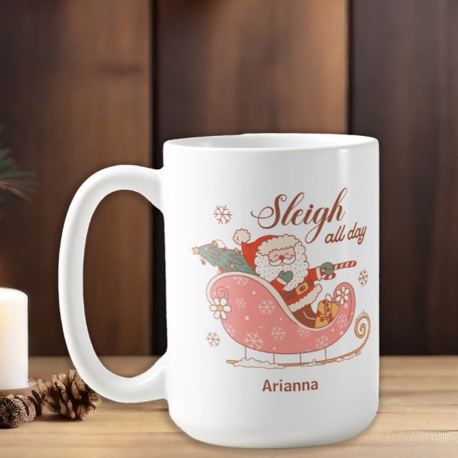 Mug Père Noël Rose Sleigh Toute la journée Noël (Vintage Santa Claus "Sleigh all day" customizable Christmas mug)