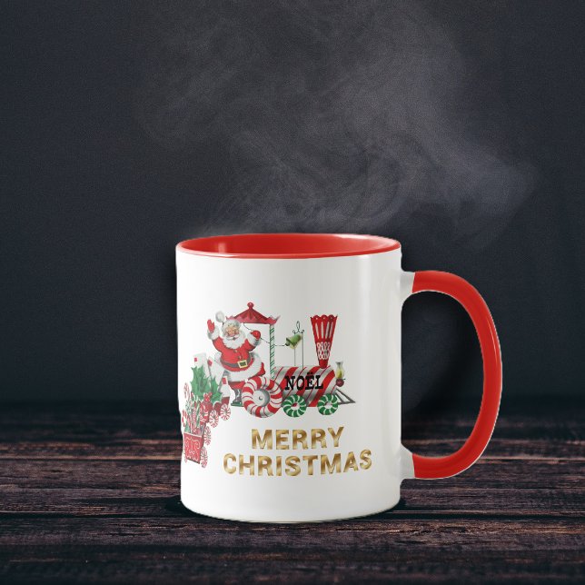 Mug Père Noël sur Noël Candy Red Train avec lettres (Santa riding red white train with candy canes, letters to Santa on Merry Christmas coffee mug.)