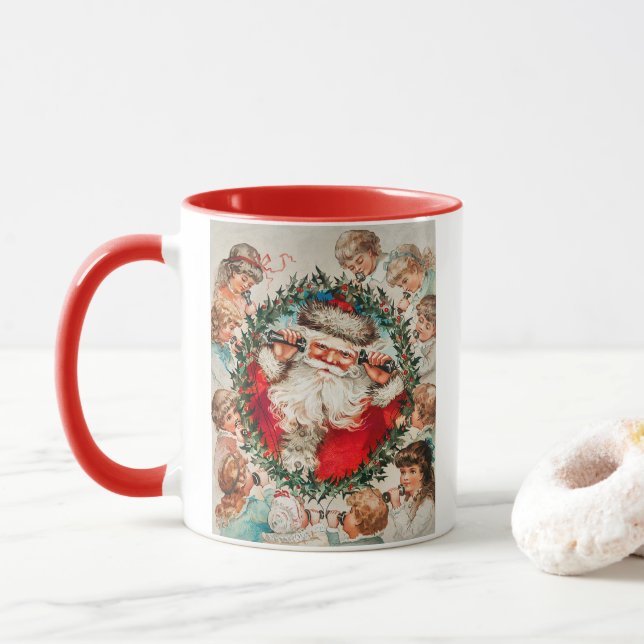 Mug Père Noël victorien au téléphone avec enfants (Avec donut)