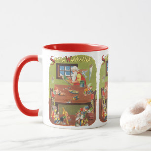 Mug Père Noël vintage avec des lutins dans l'atelier d