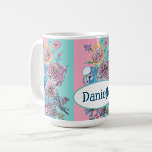 Mug Perroquet Bleu Oiseau Rose Florale Rose Aqua Nom d
