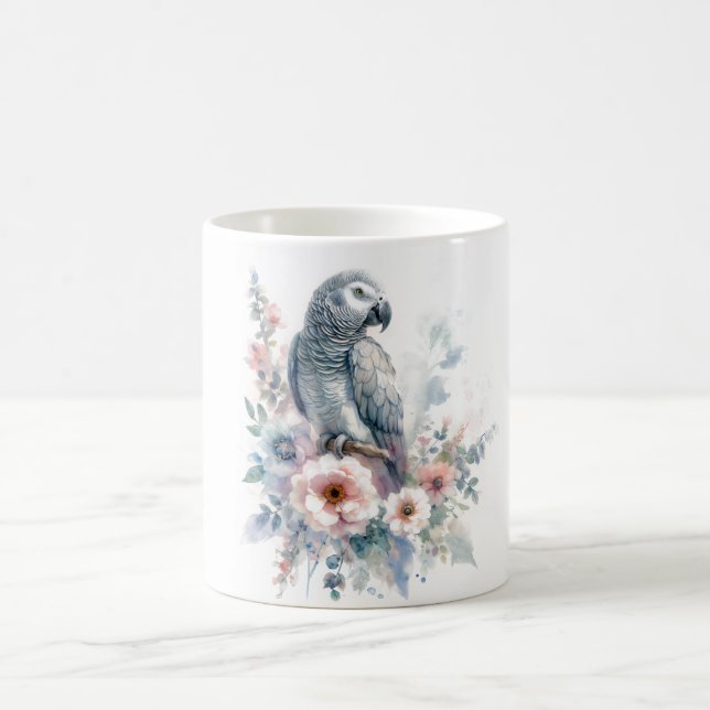 Mug Perroquet Gris Africain Aquarelle Florale (Centre)