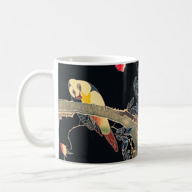 Mug Perroquet sur la branche d'un Rose en fleurs Bush (Gauche)