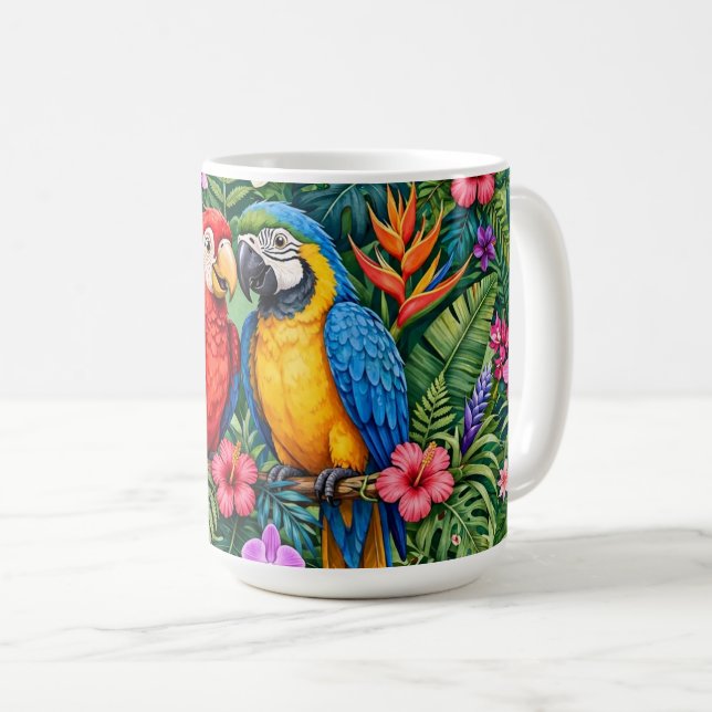 Mug Perroquets de la jungle Macaws Fleurs Vibrantes Jo (Devant droit)
