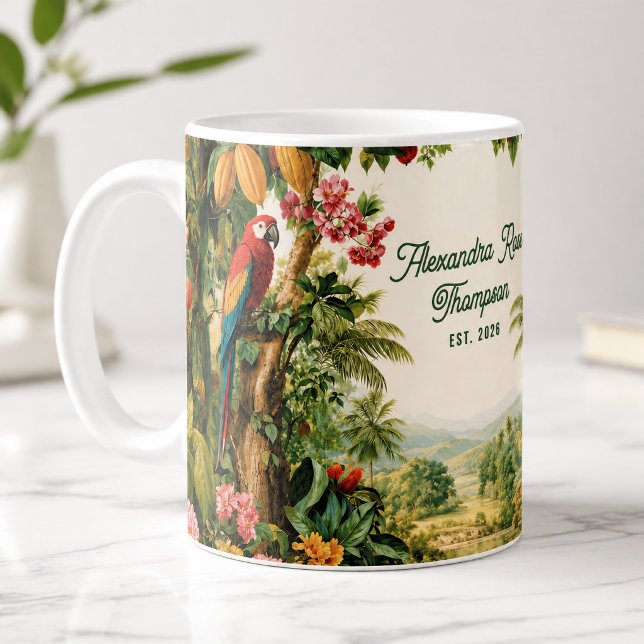 Mug Perroquets Tropicaux Fleur de Cacao Aquarelle Nom  (Créateur téléchargé)