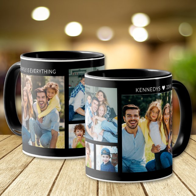 Mug Personalized 5 Photo Collage Family Name Black (Créateur téléchargé)
