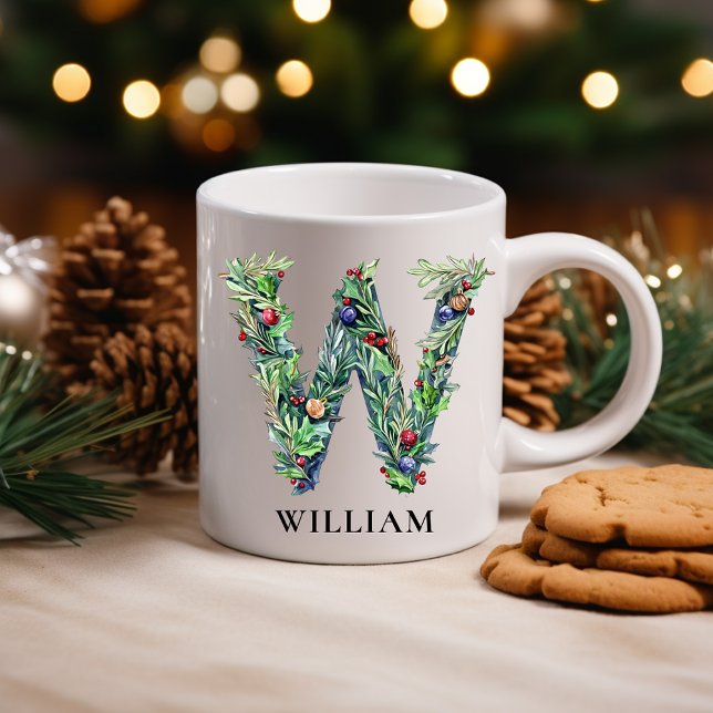 Mug Personalized Botanical Christmas Monogram Letter W (Personalized Botanical Christmas Monogram Letter W Coffee Mug)