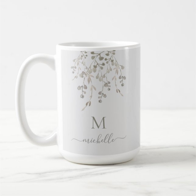 Mug Personalized Botanical Watercolor Monogram Gray (Gauche)