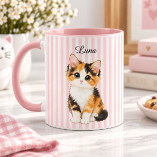 Mug Personalized Calico Kitten Name Pink Striped Coffe