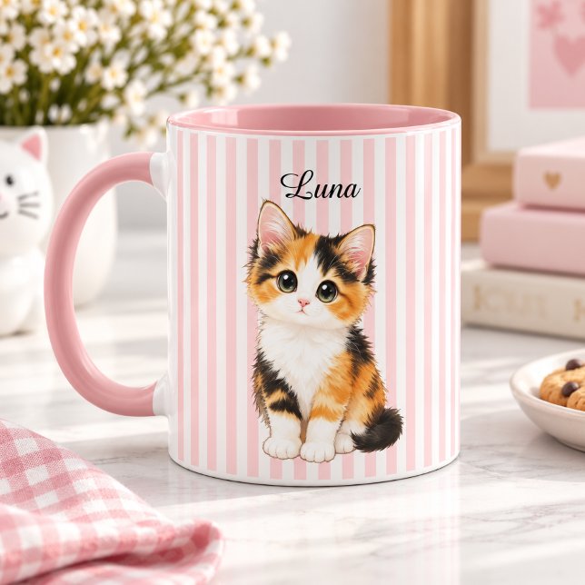 Mug Personalized Calico Kitten Name Pink Striped Coffe (Créateur téléchargé)