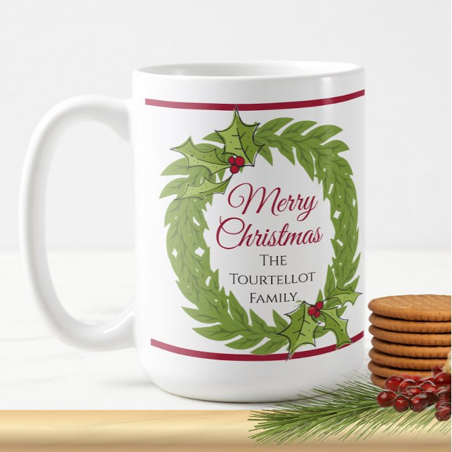 Mug Personalized Christmas Wreath Merry Christmas (Personalized Christmas Wreath Merry Christmas Green Red Family Name Cocoa Tea Coffee Mug)