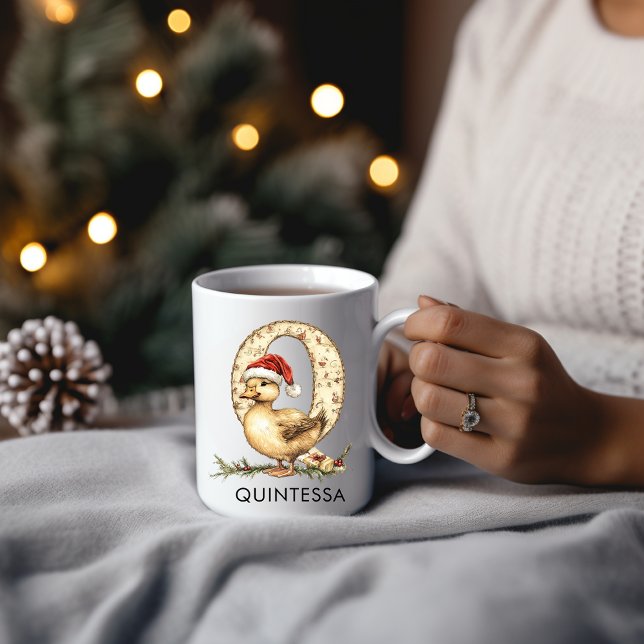 Mug Personalized Cute Baby Duck in Santa Hat Letter Q (Personalized Cute Baby Duck in Santa Hat Letter Q Coffee Mug)