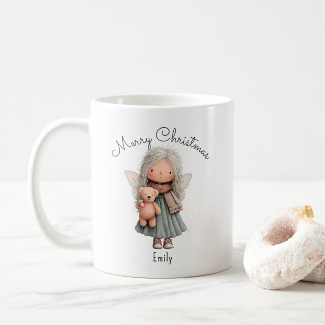 Mug Personalized Cute Christmas Fairy Girl and Teddy   (Avec donut)