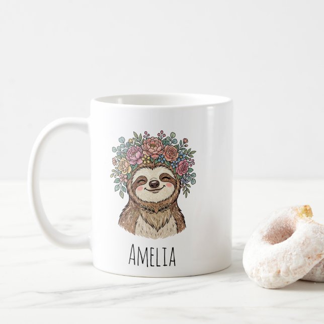 Mug Personalized Cute Floral Sloth with Flower Crown   (Avec donut)