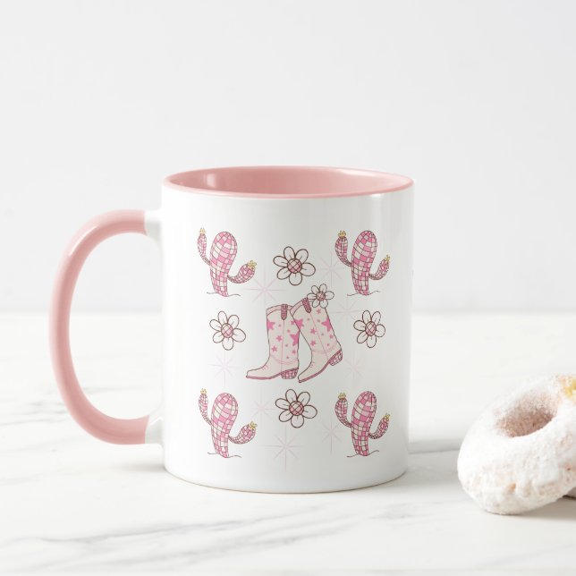 Mug Personalized Disco Cowgirl Boot and Cactus Coffee (Avec donut)