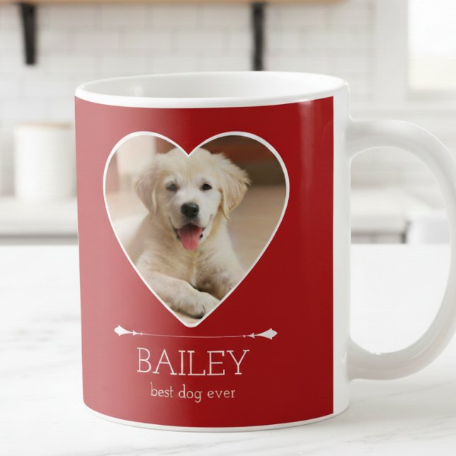 Mug Personalized Dog Photo (cute red best dog ever mug with custom puppy dog photo in heart frame, gift for dog parents )