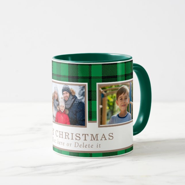 Mug Personalized Family 3 Photo Green Plaid Christmas  (Devant droit)