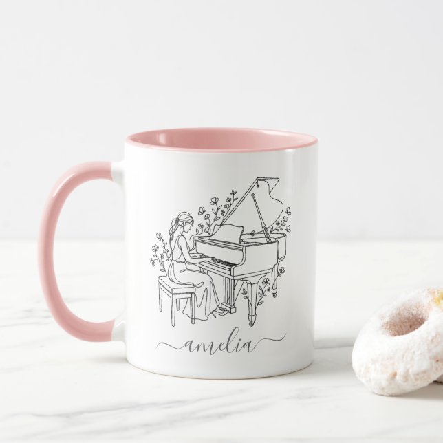 Mug Personalized Female Piano Player Line Drawing      (Avec donut)