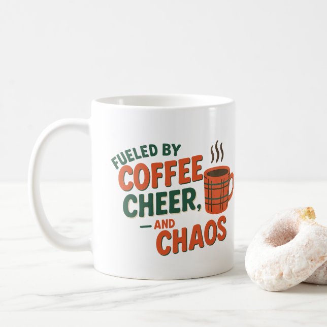 Mug Personalized Fueled by Coffee, Cheer & Chaos (Avec donut)