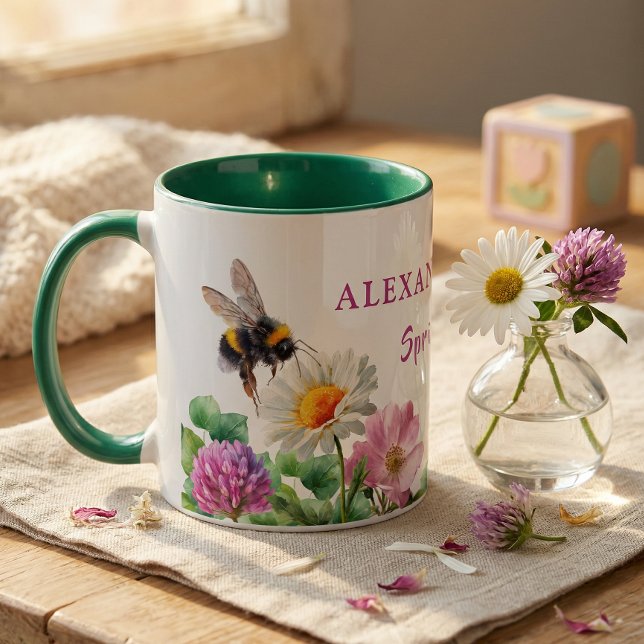 Mug Personalized Green Watercolor Bee Spring Vibes (Créateur téléchargé)