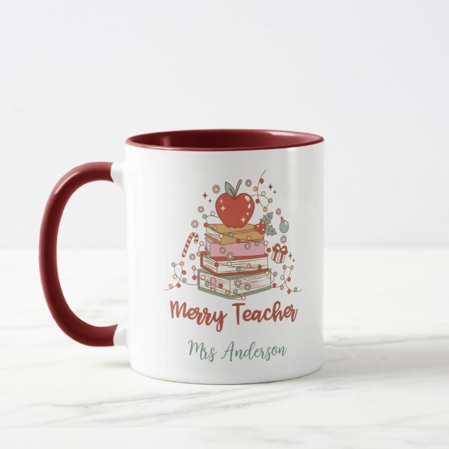 Mug Personalized Merry Teacher Christmas Tree Books  (Gauche)