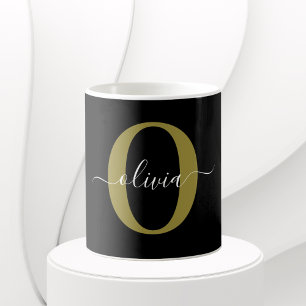 Mug Personalized Monogram Script Name Black White Gold